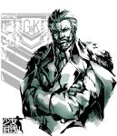  1boy beard berezovich_kryuger_(girls_frontline) buttons copyright_name crossed_arms double-breasted facial_hair fur-trimmed_jacket fur_trim girls_frontline grifon_&amp;_kryuger handi highres jacket jacket_on_shoulders logo male_focus military military_uniform monochrome necktie parody scar scar_on_cheek scar_on_face shinkawa_youji_(style) short_hair solo style_parody uniform upper_body white_background 