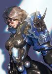  1girl armor au_ra breasts brown_hair dragon_horns eyebrows_visible_through_hair final_fantasy final_fantasy_xiv gauntlets hair_between_eyes high_collar highres horns kio_naoki looking_at_viewer medium_breasts scales short_hair shoulder_armor solo yellow_eyes 