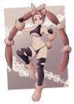  1girl bare_shoulders bikini black_bikini black_gloves breasts bright_pupils brown_hair closed_mouth full_body gen_4_pokemon gloves hands_up highres humanization lamb-oic029 long_hair looking_at_viewer lopunny medium_breasts navel paw_boots paw_pose pokemon red_eyes smile solo standing standing_on_one_leg swimsuit twintails under_boob very_long_hair white_pupils 