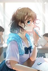  1girl blue_eyes blue_neckwear blue_skirt blue_towel blurry blurry_background blush bow bowtie bracelet breasts brown_hair classroom commentary_request desk eraser faceless highres holding holding_pen indoors jewelry light_smile looking_at_viewer medium_breasts original paper pen pleated_skirt shirt short_hair short_sleeves skirt solo tasuku_(otomebotan) towel towel_around_neck watch watch wavy_hair white_shirt 