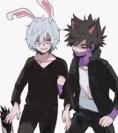  3boys ametaro_(ixxxzu) animal_ears black_hair black_jacket black_pants black_shirt blue_eyes boku_no_hero_academia burn_scar cat_boy cat_ears cheek_piercing dabi_(boku_no_hero_academia) grey_hair highres jacket kurogiri_(boku_no_hero_academia) male_focus multiple_boys multiple_scars pants rabbit_boy rabbit_ears red_eyes scar scar_on_face shigaraki_tomura shirt short_hair simple_background spiky_hair staple stapled sweat white_background white_shirt wrinkled_skin 