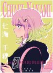  1girl backpack bag bangs black_jacket blush commentary criis-chan dangan_ronpa_(series) dangan_ronpa_2:_goodbye_despair eyebrows_visible_through_hair hair_ornament hairclip holding jacket nanami_chiaki open_mouth pink_hair shirt solo upper_body yellow_background 