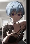  1girl absurdres bare_shoulders beckoning blue_hair choker cigarette commentary crop_top doorway empty_eyes english_commentary highres holding holding_knife indoors jewelry knife original ring shaded_face shengtian smoking solo tattoo upper_body yandere 