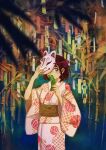  1girl black_hair brown_sash covering_mouth fox_mask hands_up holding_tanzaku japanese_clothes kimono leaf mask monaka_(siromona) obi one_eye_covered original plant print_kimono sash short_hair solo tanabata tanzaku upper_body yukata 