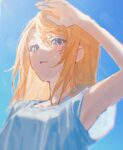  1girl arm_up bangs blonde_hair blue_shirt blue_sky breasts collarbone grey_eyes hair_between_eyes highres light_oooo long_hair looking_at_viewer noise original outdoors parted_lips shirt short_sleeves sky solo sunlight sweat t-shirt upper_body 