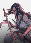  1boy black_hair blood bloody_weapon blue_eyes gradient gradient_background grey_background highres holding holding_sheath holding_sword holding_weapon long_hair looking_at_viewer parted_lips sheath solo suncle sword the_legend_of_luo_xiaohei very_long_hair weapon wuxian_(the_legend_of_luoxiaohei) 