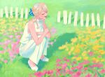  1girl blonde_hair blue_bow bow closed_eyes dyuba000 flower grass hair_bow highres long_hair open_mouth original pants pink_flower shadow shirt shoes sleeveless sleeveless_shirt smile solo squatting white_footwear white_pants white_shirt wide_shot yellow_flower 