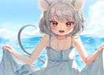  1girl :d adapted_costume animal_ears ari_don bad_perspective bangs bare_shoulders blurry blurry_background blush clouds cloudy_sky collarbone commentary_request day depth_of_field dress eyebrows_visible_through_hair flat_chest grey_dress grey_hair horizon jewelry looking_at_viewer mouse_ears mouse_tail nazrin open_mouth outdoors pendant red_eyes short_hair skirt_hold sky smile solo spaghetti_strap swept_bangs tail touhou upper_body water 