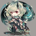  1girl black_gloves candle chibi dress elbow_gloves fighting_stance gloves green_hair hair_ornament hairclip highres holding holding_weapon little_match_girl_(sinoalice) polearm red_eyes scarf short_hair sinoalice smoke solo thigh-highs weapon xxviii_xi zettai_ryouiki 
