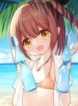  1girl :d bikini black_ribbon bottle brown_bikini brown_hair collarbone day hair_ribbon hands_up head_tilt holding holding_bottle horizon long_hair lucena_winter ocean one_side_up open_clothes open_mouth open_shirt original outdoors palm_tree ramune ribbon shirt short_sleeves smile solo swimsuit tree upper_body water white_shirt yellow_eyes yuuhagi_(amaretto-no-natsu) 