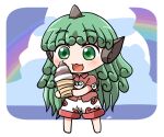  1girl artist_name bangs bare_shoulders blue_sky blush chibi clouds cloudy_sky collar eyebrows_visible_through_hair food green_eyes green_hair hands_up horns ice_cream komano_aunn long_hair open_mouth rainbow red_collar red_shirt red_sleeves rokugou_daisuke shirt short_sleeves shorts sky smile solo standing touhou white_shorts 