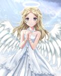  1girl alternate_costume angel angel_wings bare_shoulders blonde_hair bracelet clouds cloudy_sky dress fire_emblem fire_emblem_awakening hair_down hair_ornament halo hands_together jewelry kakiko210 lissa_(fire_emblem) long_hair looking_at_viewer sky smile solo white_dress wings yellow_eyes 