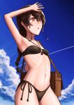  1girl bag bikini black_bikini blue_sky braid brown_hair clouds condensation_trail cowboy_shot highres kantai_collection long_hair messenger_bag o-ring o-ring_bikini o-ring_top open_clothes orange_eyes owada_(kousonhuchi) shading_eyes shoulder_bag side-tie_bikini single_braid sky souya_(kancolle) swimsuit 