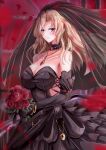  1girl absurdres black_dress black_gloves black_veil blonde_hair bouquet breasts bridal_veil choker dress earrings elbow_gloves flower gloves grey_eyes highres holding holding_bouquet hornet_(kancolle) jewelry kantai_collection kentan_(kingtaiki) large_breasts long_hair necklace red_flower red_rose rose sleeveless sleeveless_dress solo strapless strapless_dress veil wedding_dress 