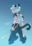  1boy animal_ears black_pants blue_background cat_boy cat_ears cat_tail cropped_legs from_behind gradient gradient_background green_eyes highres holding holding_sword holding_weapon looking_at_viewer looking_back luoxiaohei pants shirt short_hair short_sleeves signature solo suncle sword tail the_legend_of_luo_xiaohei weapon white_hair white_shirt 