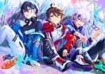  3boys :d ;d absurdres ahoge alternate_costume arm_support barcode black_hair blue_jacket blurry blurry_foreground blush bracelet brown_hair clothes_writing earrings eyebrows_visible_through_hair full_body fuwa_minato glasses graffiti grey_eyes hair_between_eyes hand_on_own_face headphones headphones_around_neck highres holding holding_eyewear hood hoodie huge_filesize jacket jewelry layered_clothing leaning_on_person leggings legwear_under_shorts letta_illust looking_at_viewer male_focus mayuzumi_kai multicolored_hair multiple_boys nijisanji off_shoulder one_eye_closed open_mouth paint_splatter pants pink_hair purple_hair purple_jacket red_jacket redhead ring saegusa_akina shirt shoelaces shoes shorts silver_hair sleeves_past_wrists sleeves_pushed_up smile sneakers spread_legs streaked_hair striped t-shirt torn_clothes torn_legwear untied_shoe violet_eyes virtual_youtuber white_pants zipper 