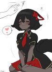  1girl animal_ear_fluff animal_ears barefoot black_hair black_tail blush buttons closed_eyes closed_mouth dark-skinned_female dark_skin double-breasted flower hair_flower hair_ornament heart highres indie_virtual_youtuber leaning_forward military military_uniform motion_lines necktie red_flower red_neckwear red_skirt sakura_chiyo_(konachi000) sakuraba_chiyo short_hair short_sleeves signature simple_background sitting skirt smile solo_focus speech_bubble spoken_heart tail uniform v_arms very_dark_skin virtual_youtuber wariza white_background wing_collar 