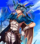  1boy bangs belt blue_hair blue_sky brown_belt brown_cape brown_pants cape character_request closed_mouth clouds commentary_request cowboy_shot creator_(ragnarok_online) crossover dragon dragon_chronicle emon-yu gloves green_eyes hair_between_eyes helmet horns living_clothes looking_at_viewer pants pouch ragnarok_online shirt short_hair sky sleeveless sleeveless_shirt smile solo white_gloves white_shirt 