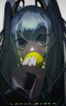  1girl absurdres black_sleeves blue_eyes detached_sleeves english_commentary english_text food fruit green_hair hatsune_miku highres holding holding_food holding_fruit lemon long_hair looking_at_viewer reflection solo topdylan very_long_hair vocaloid 