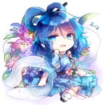  1girl :d bangs blue_dress blue_eyes blue_hair bright_pupils chibi dated dress drill_hair drill_locks eyebrows_visible_through_hair floral_print flower flower_request full_body hagoromo hair_between_eyes hair_ornament hair_rings hair_stick kaku_seiga kutsuki_kai leaf looking_at_viewer medium_hair ofuda open_clothes open_mouth open_vest pink_flower puffy_short_sleeves puffy_sleeves purple_flower ringlets see-through shawl short_sleeves simple_background sitting smile socks solo touhou twin_drills vest white_background white_legwear white_vest yokozuwari 