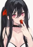 1girl bare_shoulders black_choker black_hair bra breasts choker food fruit hair_between_eyes hair_ribbon highres holding long_hair looking_at_viewer medium_breasts one_side_up original parted_lips pink_eyes ribbon sidelocks solo spaghetti_strap strawberry takehana_note twintails underwear upper_body white_background white_bra