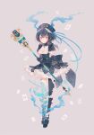  1girl alice_(sinoalice) asymmetrical_legwear aura black_hair bow card dress full_body hat holding holding_staff looking_at_viewer open_mouth pantyhose petticoat puffy_short_sleeves puffy_sleeves red_eyes ribbon ringo_(pixiv27995436) serious short_hair short_sleeves simple_background sinoalice solo staff standing tan_background tattoo top_hat 