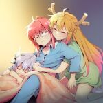  3girls ahoge bangs bed_sheet blonde_hair blunt_bangs blush child closed_eyes dragon_girl dragon_horns family glasses gradient_hair happy highres horns hug hug_from_behind kanna_kamui kobayashi-san_chi_no_maidragon kobayashi_(maidragon) light_purple_hair long_hair multicolored_hair multiple_girls nightea no_tail one_eye_closed pajamas pink_hair simple_background sleeping smile sweatdrop tohru_(maidragon) twitter_username under_covers yuri 