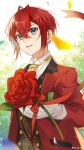  1boy antenna_hair blue_eyes flower gloves gold_necktie hair_between_eyes highres holding jacket kwakah long_sleeves male_focus necktie open_mouth red_jacket redhead riddle_rosehearts rose shirt short_hair simple_background smile twisted_wonderland white_gloves 