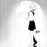  1girl breasts dated ejami greyscale monochrome original rain school_uniform short_hair signature skirt solo umbrella 