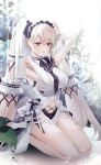  1girl absurdly_long_hair absurdres adjusting_hair azur_lane bangs black_neckwear breasts bridal_gauntlets choker clothing_cutout commentary dress elbow_gloves evening_gown eyebrows_visible_through_hair formidable_(azur_lane) formidable_(timeless_classics)_(azur_lane) gloves grey_hair hair_between_eyes highres kneeling large_breasts long_hair naru_0 navel navel_cutout necktie red_eyes ribbon_choker sailor_collar seiza sidelocks signature sitting sleeveless solo stomach thighs twintails twitter_username very_long_hair white_dress 