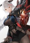  1girl absurdres aegir_(azur_lane) azur_lane bare_shoulders black_cape black_gloves bodystocking breast_curtains breasts cape chain cross cross_earrings demon_horns dress dutch_angle earrings gloves grey_background highres horns jewelry large_breasts long_hair looking_at_viewer mechanical_animal medal microdress multicolored_hair oxygen_mask_(oxygenmask233) panties redhead revealing_clothes simple_background skin_tight sleeves solo streaked_hair string_panties underwear very_long_hair white_hair yellow_eyes 