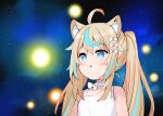  1girl ahoge animal_ear_fluff animal_ears bangs bare_shoulders blonde_hair blue_eyes blue_hair bow camisole cat_ears choker collarbone commentary_request eyebrows_visible_through_hair hair_between_eyes hair_bow highres indie_virtual_youtuber long_hair looking_away meito_(maze) multicolored_hair parted_lips shidou_lio solo space space_cat_(meme) streaked_hair twintails upper_body virtual_youtuber white_bow white_camisole white_choker 