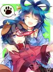  2girls :o ^_^ animal_ears bangs blue_dress blue_hair blue_headwear border breasts bright_pupils cabbie_hat closed_eyes dog_ears dress fang floral_print green_background hagoromo hair_ornament hair_rings hair_stick hand_on_another&#039;s_shoulder hat hat_ornament heart jiangshi kaku_seiga kutsuki_kai looking_at_viewer medium_breasts medium_hair miyako_yoshika multiple_girls ofuda open_clothes open_mouth open_vest outside_border outstretched_arms parted_bangs puffy_short_sleeves puffy_sleeves purple_hair red_shirt ringlets shawl shirt short_hair short_sleeves simple_background skin_fang smile spoken_paw star_(symbol) star_hat_ornament talisman touhou upper_body vest violet_eyes white_border white_vest zombie_pose |d 