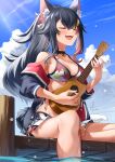  1girl :d animal_ear_fluff animal_ears barefoot bikini black_choker black_hair blue_sky breasts choker closed_eyes clouds commentary_request day eyebrows_visible_through_hair fangs guitar hair_ornament highres holding holding_instrument hololive instrument kito_koruta long_hair medium_breasts multicolored_hair ookami_mio open_mouth outdoors redhead signature sitting sky smile solo streaked_hair swimsuit tail teeth upper_teeth virtual_youtuber water wolf_ears wolf_tail 