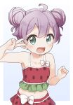  1girl :d ahoge bangs bare_arms bare_shoulders bikini bikini_skirt bow child collarbone commentary_request double_bun eyebrows_visible_through_hair food-themed_clothes frilled_bikini frills green_eyes hair_between_eyes hand_up highres manaka_lala navel open_mouth pretty_(series) pripara purple_hair red_bikini smile solo swimsuit v_over_eye white_bow yukie_(kusaka_shi) 