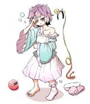  baggy_clothes bags_under_eyes barefoot blue_shirt cable collarbone hand_on_own_face highres holding holding_pillow komeiji_satori peroponesosu. pillow pink_hair pink_skirt shirt short_hair single_sock skirt sleepy slippers socks third_eye touhou waking_up 