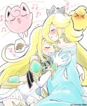 2girls bangs blonde_hair breast_grab breasts chest_jewel dress earrings elbow_gloves eromame gen_1_pokemon gloves grabbing jewelry jigglypuff large_breasts long_hair luma_(mario) multiple_girls mythra_(xenoblade) pokemon rosalina short_dress super_mario_bros. super_mario_galaxy super_smash_bros. swept_bangs tiara very_long_hair white_dress white_gloves xenoblade_chronicles_(series) xenoblade_chronicles_2 yellow_eyes yuri