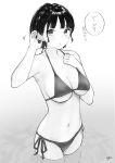  1girl absurdres bangs bare_arms bare_shoulders bikini blush braid breasts collarbone commentary_request crown_braid eyebrows_visible_through_hair greyscale hands_up highres looking_at_viewer medium_breasts monochrome navel original parted_lips side-tie_bikini signature solo swimsuit takenoko_no_you translation_request water white_background 