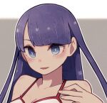  1girl :d bikini blush commission eyebrows_visible_through_hair fate/grand_order fate_(series) fingernails grey_background hand_up lamb-oic029 long_hair looking_at_viewer martha_(fate) open_mouth portrait purple_hair skeb_commission smile solo swimsuit violet_eyes white_bikini 