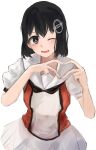 1girl 73suke black_hair brown_eyes commentary_request cosplay haguro_(kancolle) hair_ornament heart heart_hands highres kantai_collection looking_at_viewer naka_(kancolle) naka_(kancolle)_(cosplay) naka_kai_ni_(kancolle) naka_kai_ni_(kancolle)_(cosplay) short_hair simple_background solo upper_body white_background 