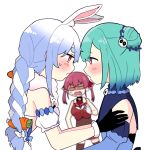  3girls animal_ear_fluff animal_ears black_gloves blue_hair blush braid commentary extra_ears eye_contact face-to-face fang gloves green_hair hair_ornament hololive houshou_marine leotard long_hair looking_at_another multicolored_hair multiple_girls navel open_mouth rabbit_ears rabbit_girl red_eyes redhead sakana_(saka11205) sheer_leotard shirt skull_hair_ornament sleeveless sleeveless_shirt sweat symbol_commentary twin_braids twintails two-tone_hair uruha_rushia usada_pekora virtual_youtuber white_gloves white_hair yuri 