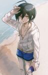  1boy ahoge arm_up bangs beach black_hair blue_male_swimwear bottle brown_eyes collarbone commentary_request dangan_ronpa_(series) dangan_ronpa_s:_ultimate_summer_camp dangan_ronpa_v3:_killing_harmony feet_out_of_frame highres holding holding_bottle hood jacket long_sleeves looking_at_viewer male_focus open_mouth saihara_shuuichi solo standing sweat visket53 water water_bottle white_jacket yellow_eyes 