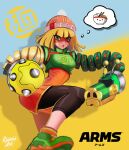  1girl arms_(game) artist_request bangs beanie blonde_hair blunt_bangs breasts chinese_clothes domino_mask dragon_(arms) facepaint food green_eyes hat highres knit_hat leggings legwear_under_shorts looking_at_viewer mask megawatt_(arms) min_min_(arms) nintendo noodles open_mouth short_hair shorts smile solo super_smash_bros. 