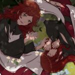  2girls absurdres black_capelet bow capelet commentary cross-laced_clothes cross-laced_legwear devola eyebrows_visible_through_hair green_eyes highres huge_filesize long_hair messy_hair multiple_girls nier nier_(series) nyx_erebus open_mouth popola red_legwear redhead siblings sisters sleeping twins wide_sleeves 