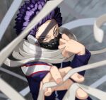  1boy bandages bangs black_eyes blue_hair blue_shirt blurry blurry_background boku_no_hero_academia commentary_request grey_background hands_up highres holding long_sleeves looking_at_viewer male_focus mask motion_blur mouth_mask multicolored_shirt purple_hair red_shirt shinsou_hitoshi shirt short_hair solo spiky_hair u.a._gym_uniform upper_body v-shaped_eyebrows white_shirt zakozako_y 