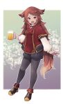  1girl :d alcohol animal_ears ankle_boots beer beer_mug black_shorts boots border brown_hair commission copyright_request cup fang fold-over_boots full_body grey_legwear highres holding holding_cup jacket lamb-oic029 long_sleeves looking_at_viewer mug open_mouth pantyhose pink_eyes red_jacket short_shorts shorts skeb_commission smile solo tail white_border 
