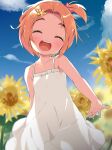  1girl :d ^_^ bangs bare_arms bare_shoulders blurry blurry_background blush bow brown_hair child closed_eyes collarbone commentary_request day depth_of_field dress facing_viewer field flower flower_field forehead hair_bow hair_flower hair_ornament hairclip highres idolmaster idolmaster_cinderella_girls makuran one_side_up open_mouth outdoors parted_bangs pink_bow round_teeth ryuuzaki_kaoru short_hair sleeveless sleeveless_dress smile solo sunflower teeth thick_eyebrows upper_teeth white_dress yellow_flower 