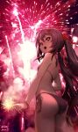  1girl :o absurdres aerial_fireworks ass back bangs bare_arms bikini black_nails breasts brown_hair commentary cowboy_shot dated eyebrows_visible_through_hair fireworks flower-shaped_pupils from_behind genshin_impact hair_between_eyes halter_top halterneck highres holding holding_sparkler hu_tao_(genshin_impact) long_hair looking_away looking_back nail_polish open_mouth outdoors purple_bikini red_eyes side-tie_bikini signature small_breasts solo sparkler standing starsd swimsuit twintails very_long_hair wristband 