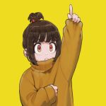  1girl brown_eyes brown_hair child commentary_request eyebrows_visible_through_hair highres index_finger_raised jun_(seojh1029) medium_hair original sidelocks simple_background sleeves_past_wrists solo sparkling_eyes sweater tied_hair upper_body yellow_background 