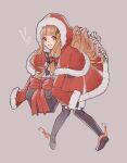  1girl bangs blonde_hair blunt_bangs blush boots bow christmas dress gift grey_background hair_ornament hair_ribbon hairclip hat heart holding holding_gift little_red_riding_hood_(sinoalice) long_hair looking_at_viewer orange_eyes paimu_h ribbon santa_dress santa_hat sidelocks simple_background sinoalice solo thigh-highs thigh_boots wavy_hair 